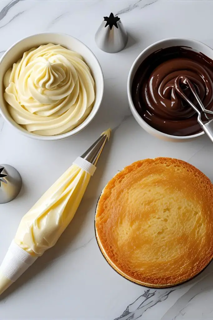 A collage of components for an inside out cake, including sponge cake, pastry cream, and chocolate ganache.