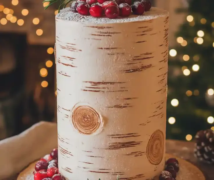 A beautiful rustic birch log cake with festive decorations and the text overlay "Your Stress-Free Christmas Themed Cake".