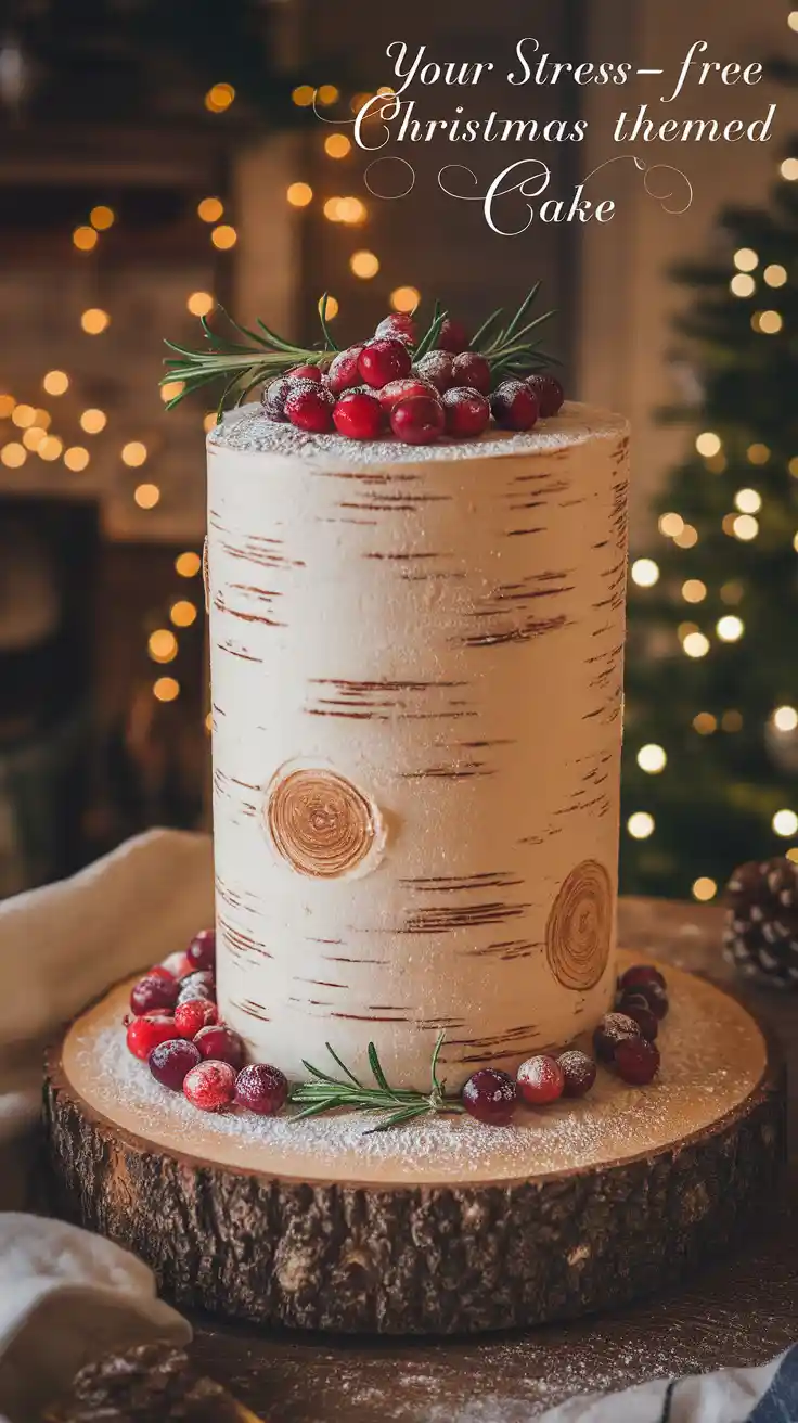 A beautiful rustic birch log cake with festive decorations and the text overlay "Your Stress-Free Christmas Themed Cake".
