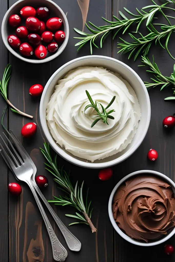 A collage of ingredients for decorating a Christmas themed cake, including frostings, rosemary, and cranberries