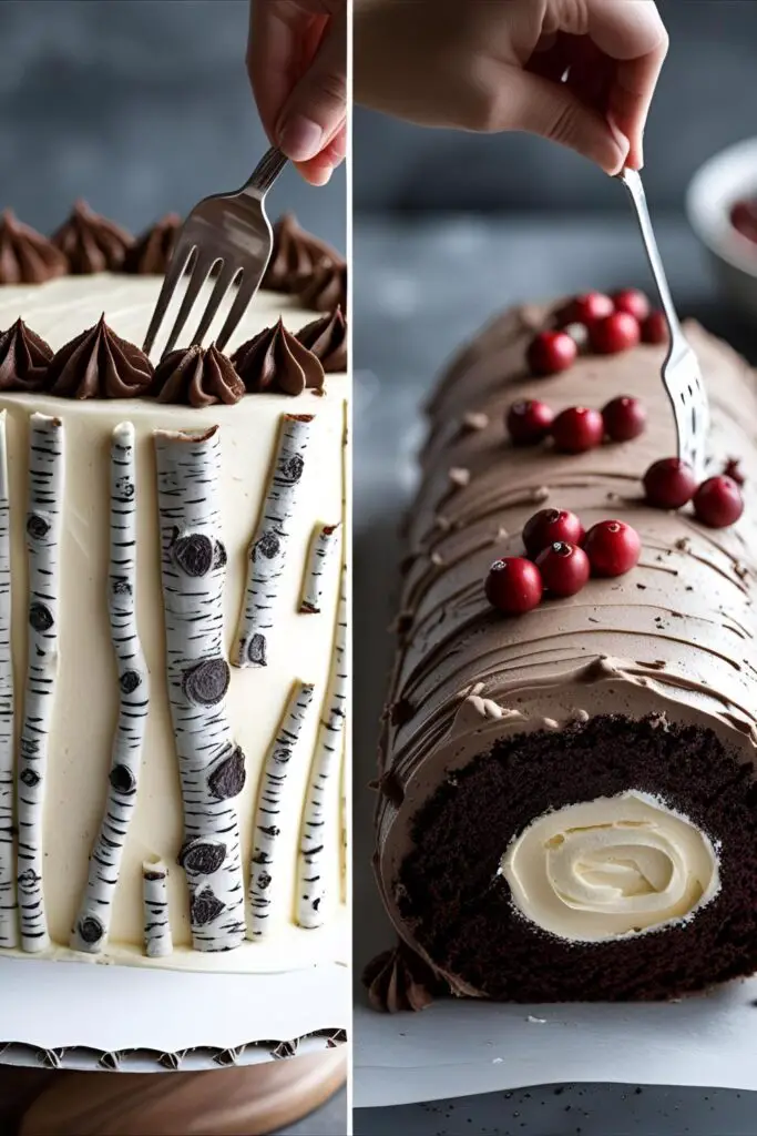 Two images showing the process of creating birch bark texture and a finished classic Yule Log cake.