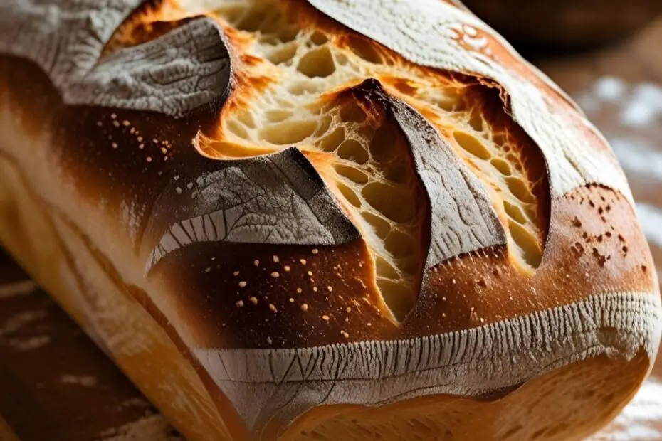 Rustic ciabatta loaf with airy crumb torn open