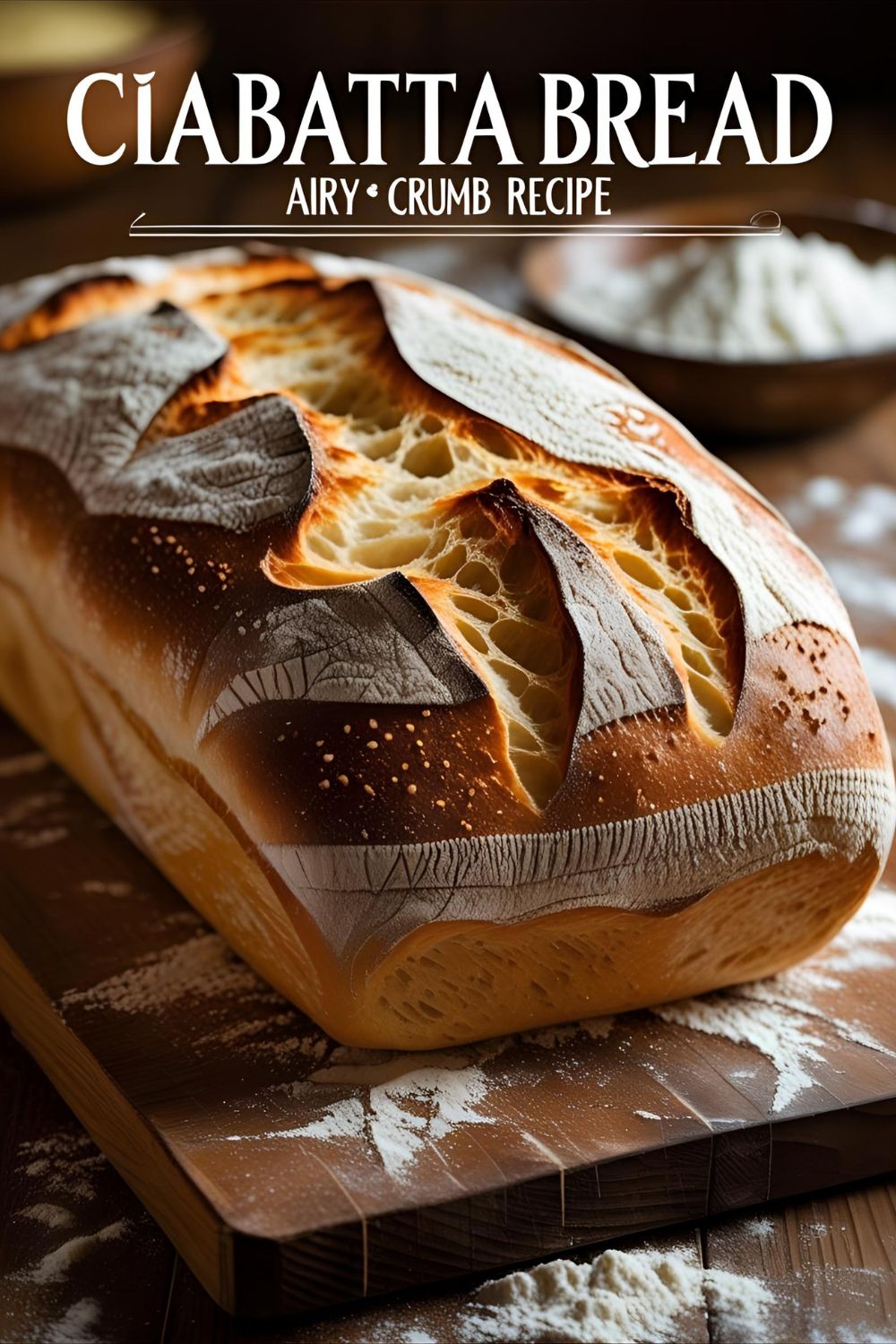 Rustic ciabatta loaf with airy crumb torn open