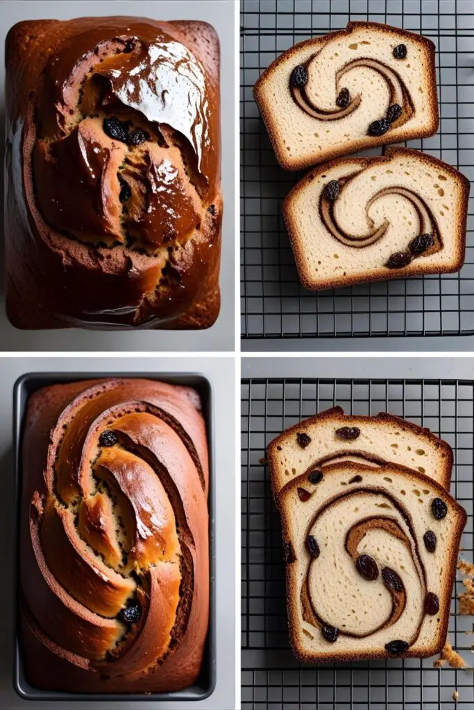 Rustic cinnamon raisin swirl bread loaf with visible raisins on cooling rack.
