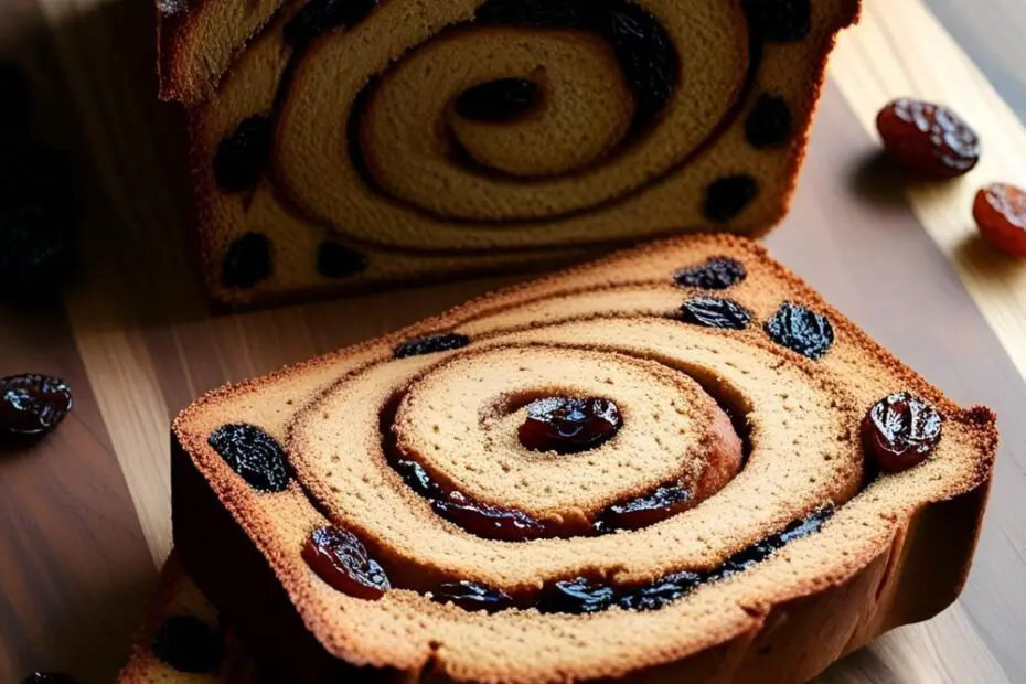 Sliced cinnamon raisin bread loaf showing swirl and raisins.