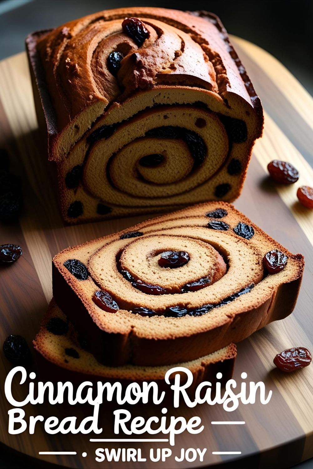 Sliced cinnamon raisin bread loaf showing swirl and raisins.