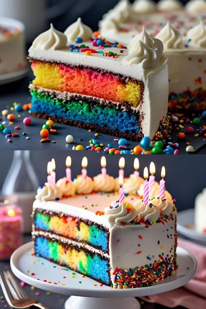 Close-up of a birthday cake slice covered in rainbow sprinkles