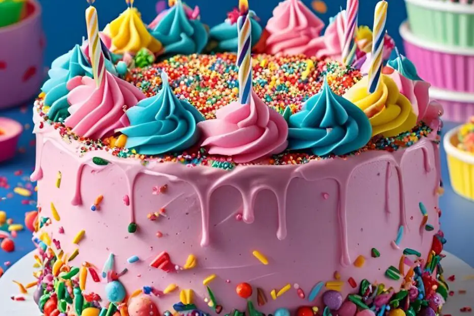 Colorful kids birthday cake topped with rainbow sprinkles and candles
