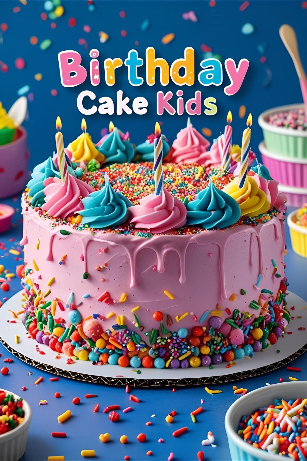 Colorful kids birthday cake topped with rainbow sprinkles and candles