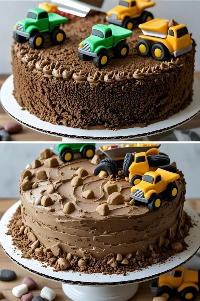 Close-up of construction cake focusing on toy truck and textured frosting
