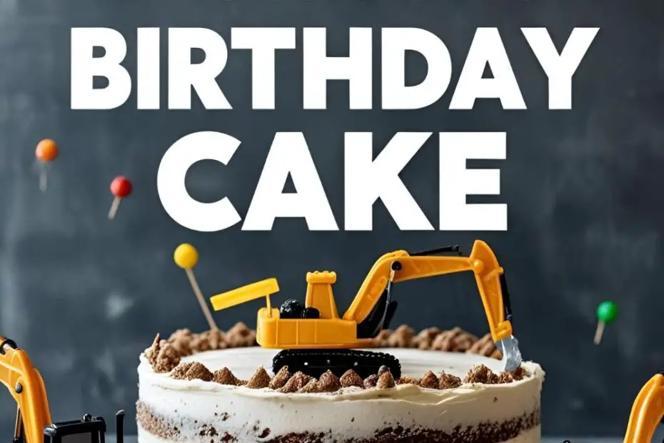 Construction-themed birthday cake decorated with toy trucks and cookie “dirt”