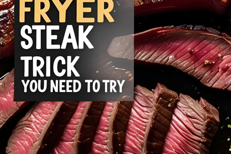 A perfectly cooked and sliced medium-rare steak cooked in an air fryer, with a text overlay about an air fryer steak trick.