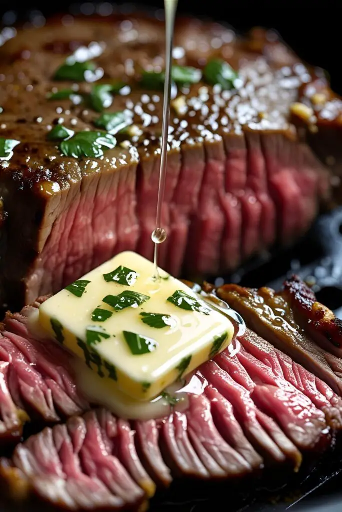A close-up macro shot of a juicy, sliced air fryer steak with melting garlic herb butter on top, highlighting the perfect medium-rare cook.