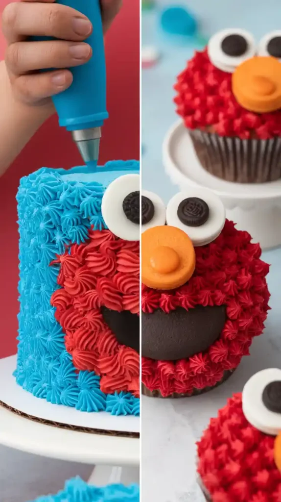 Two images showing the process of piping blue fur for a Cookie Monster cake and a finished red Elmo cupcake variant.
