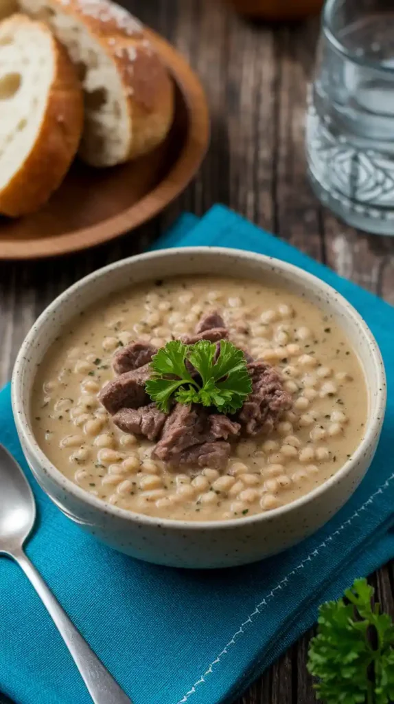 Pressure cooker ready beef barley soup bowl