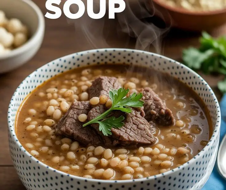 Warm bowl of beef barley soup topped with parsley