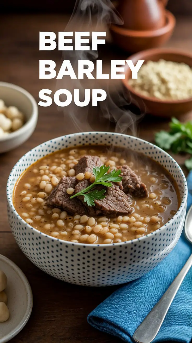 Warm bowl of beef barley soup topped with parsley