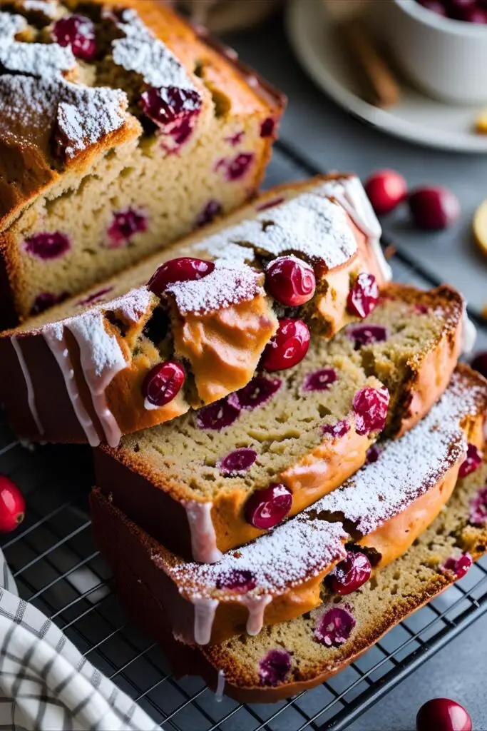  Close-up of cranberry orange bread slice with cranberries and drizzle, styled on a cozy napkin.