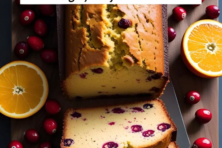 Slice of cranberry orange bread showing juicy cranberries and bright orange flecks.