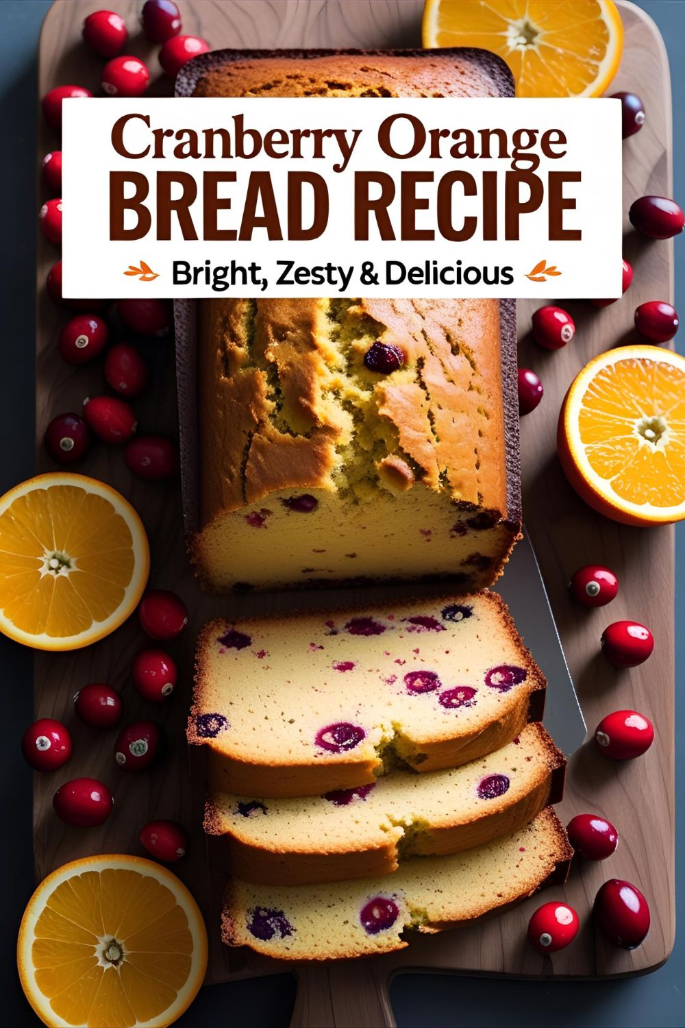 Slice of cranberry orange bread showing juicy cranberries and bright orange flecks.
