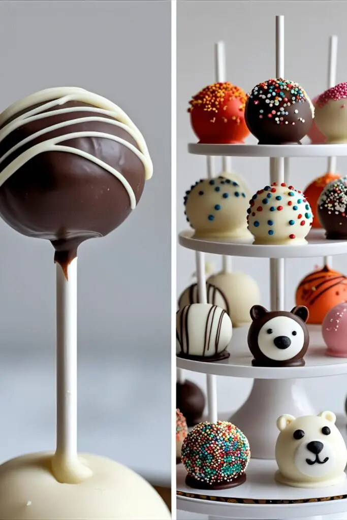 Two images showing a close-up of a drizzled cake pop and a variety of cake pop designs on a stand.