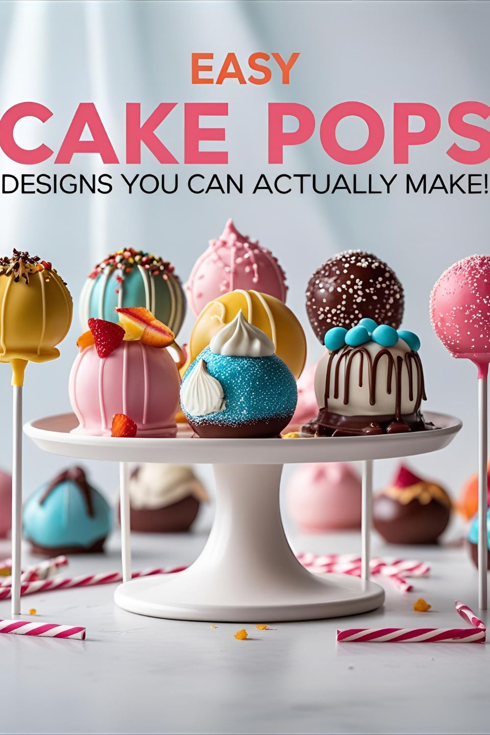A colorful assortment of decorated cake pops with the text overlay "Easy Cake Pops Designs You Can Actually Make!".