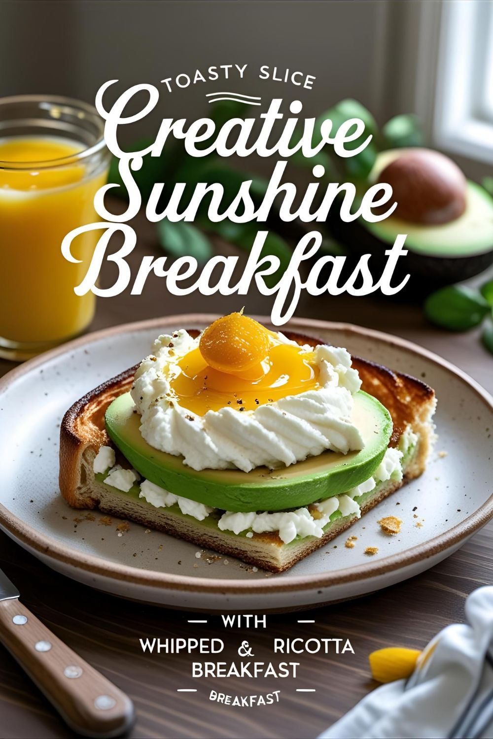 Whipped ricotta avocado toast with microgreens on crusty bread