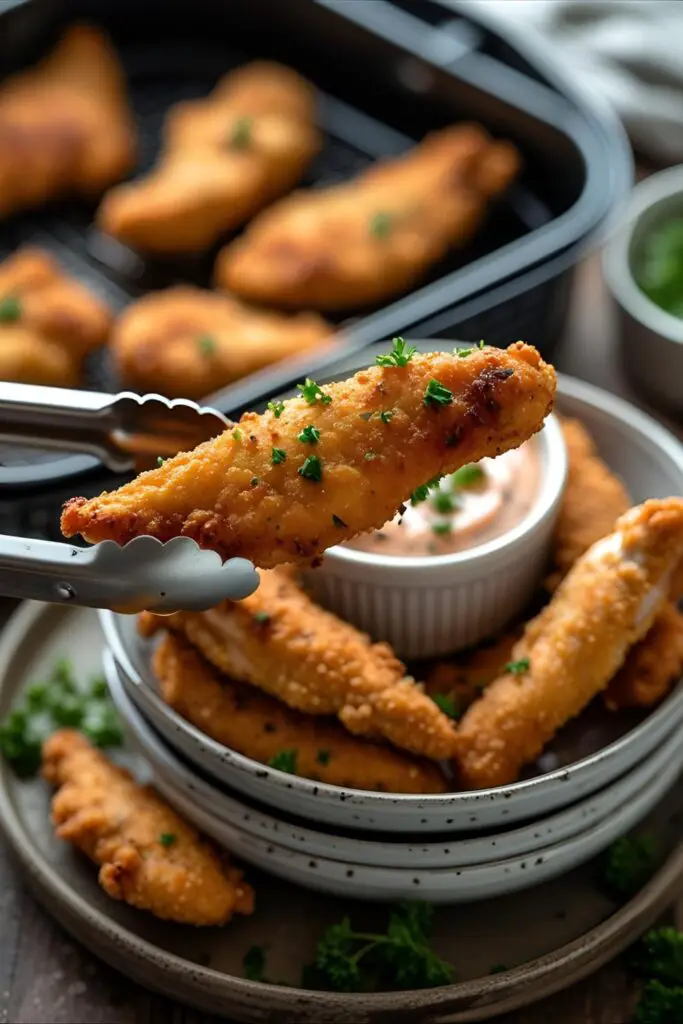 Golden garlic paprika air fryer chicken tenders with a side bowl of dipping sauce.