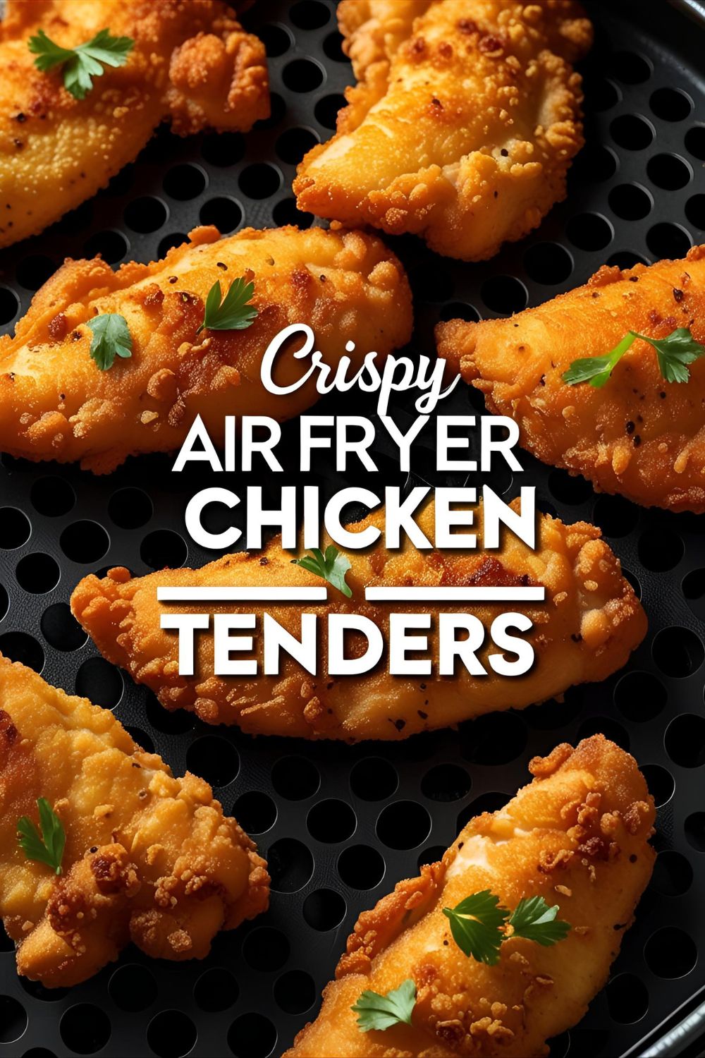 Golden crispy air fryer chicken tenders with dipping sauce on side, styled invitingly.