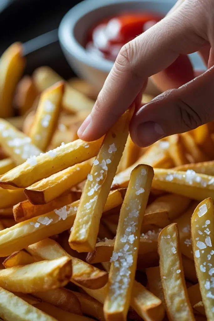 A close-up action shot of crispy, golden air fryer french fries being picked up, highlighting their texture and sprinkled salt.