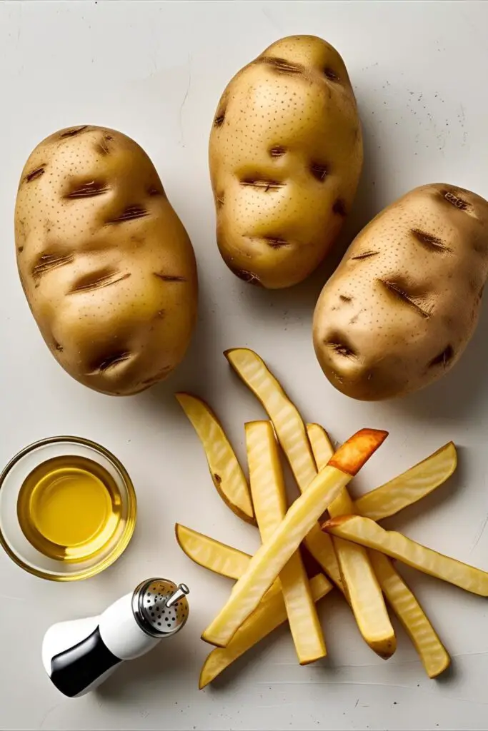  A flat lay of the simple ingredients needed for homemade air fryer french fries: Russet potatoes, oil, and salt.