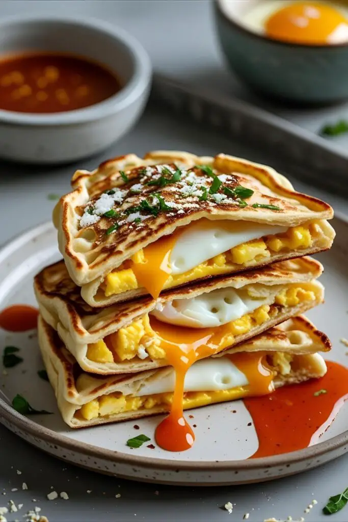 Crispy folded breakfast tortilla stuffed with eggs, peppers, and cheese on a cast iron pan