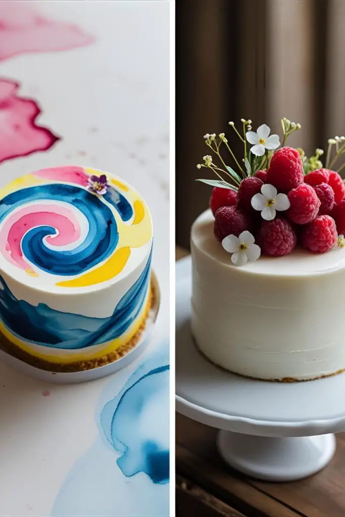 Two different small cake designs: one with a watercolor frosting effect and one topped with fresh fruit and flowers.