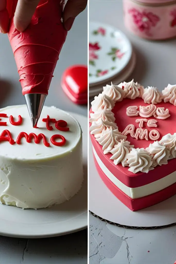 Two different bento cake namorados designs: one with a piped message and one with vintage heart piping.