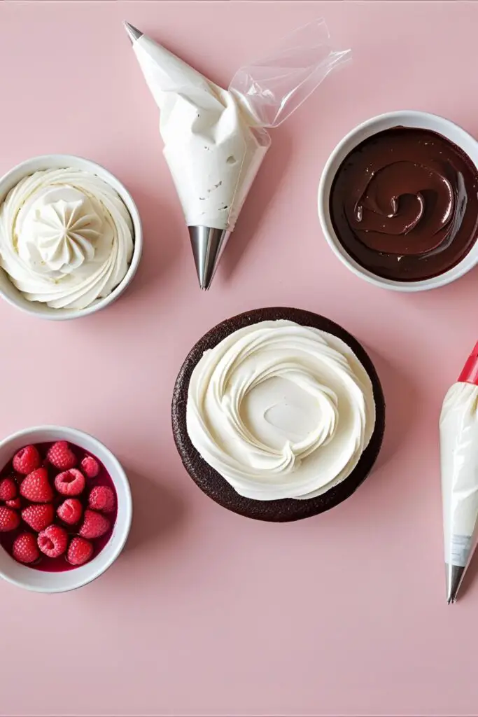 A collage of ingredients and tools for making a bento cake namorados, including a mini chocolate cake, raspberry filling, and frosting.