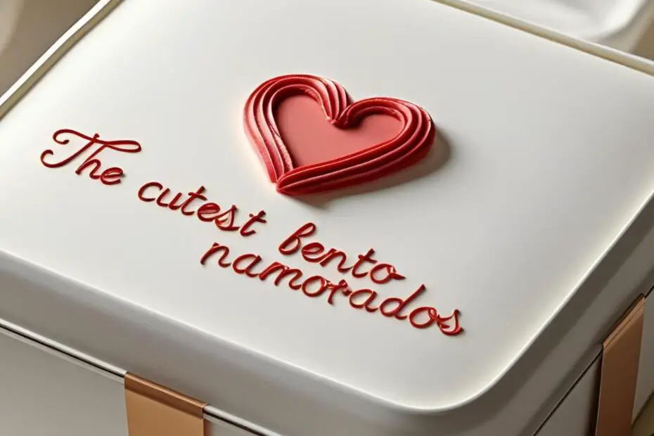 A cute white bento cake with a red heart and the text overlay "The Cutest Bento Cake Namorados".