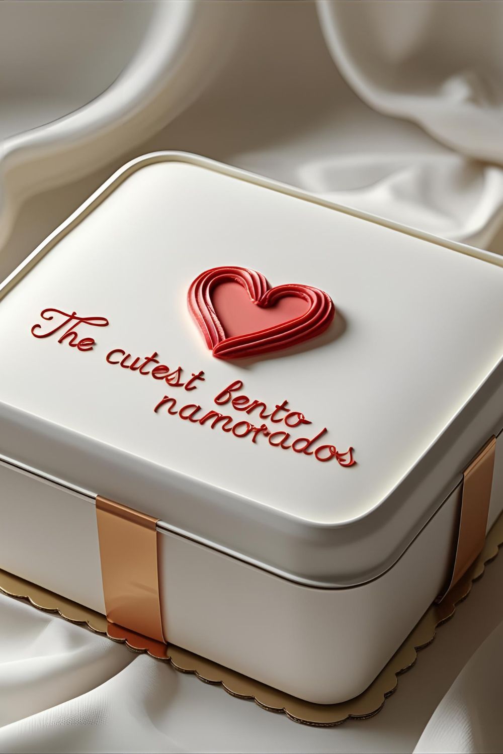 A cute white bento cake with a red heart and the text overlay "The Cutest Bento Cake Namorados".