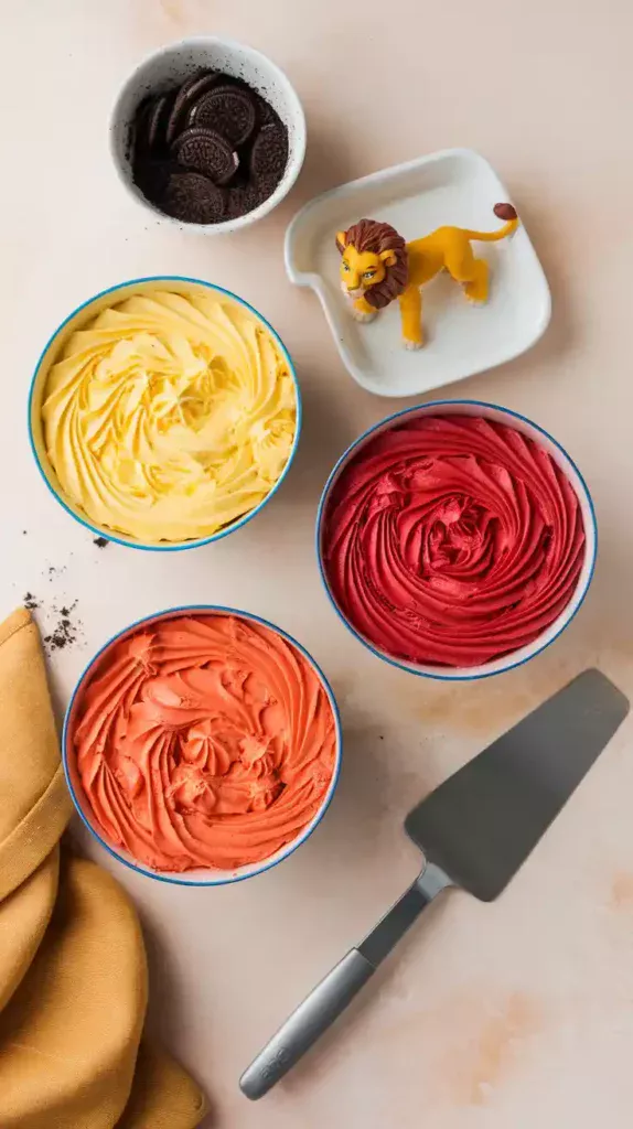A flat lay of ingredients for decorating a Lion King cake: bowls of colored buttercream, crushed cookies, and a Simba figurine.

