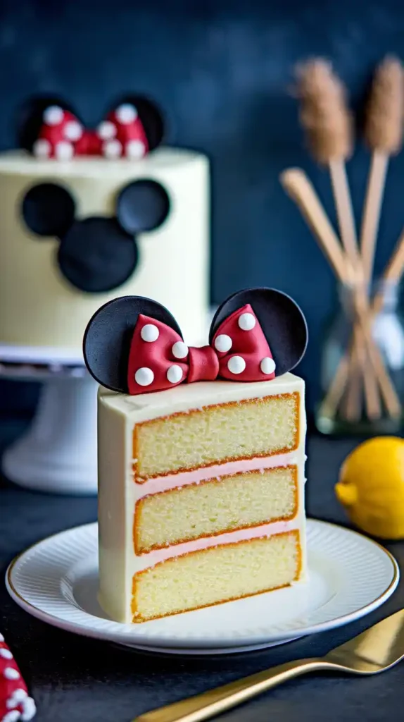 Close-up slice of Mickey Mouse cake revealing layers and ear detail