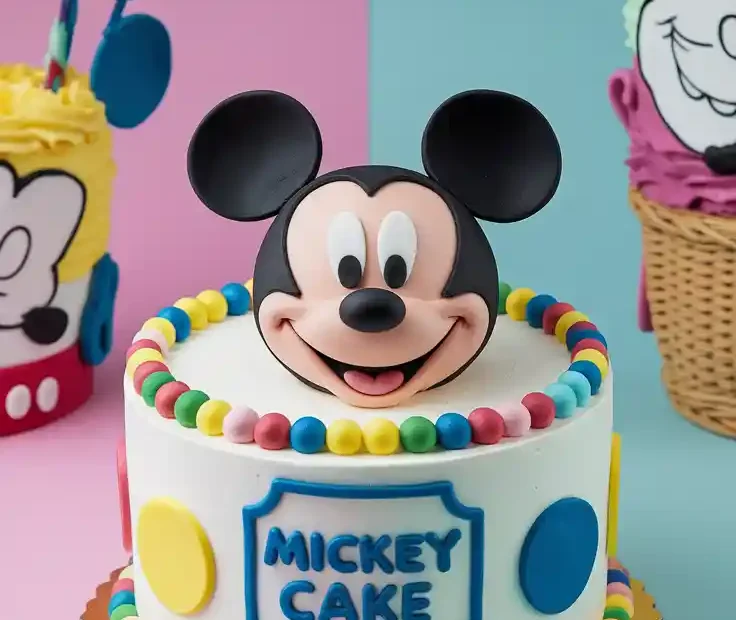 Decorated Mickey Mouse cake with fondant ears and piping details