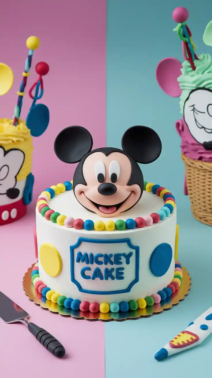 Decorated Mickey Mouse cake with fondant ears and piping details