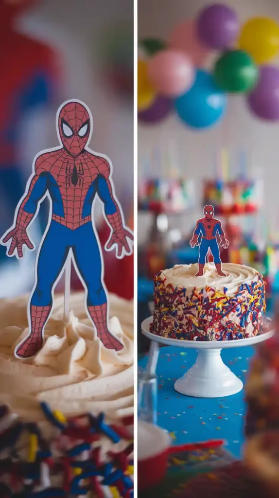 Two images showing a close-up of a Spiderman cake topper and the full cake at a birthday party.
