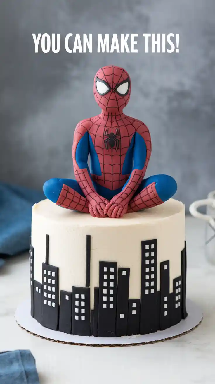 A finished DIY fondant Spiderman cake topper sitting on a birthday cake, with a text overlay that reads, "You Can Make This!"