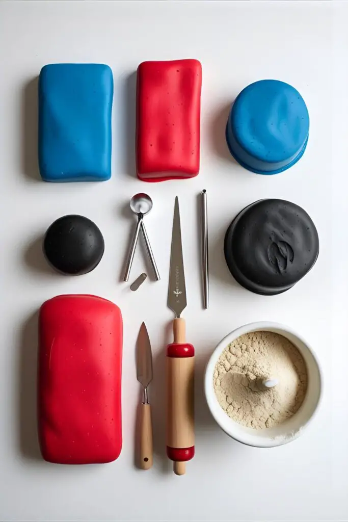 A flat-lay of the tools and materials needed to make a fondant Spiderman, including colored fondant, modeling tools, and tylose powder