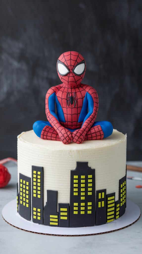 The finished, detailed fondant Spiderman cake topper, with a close-up view highlighting the black webbing drawn onto the mask.