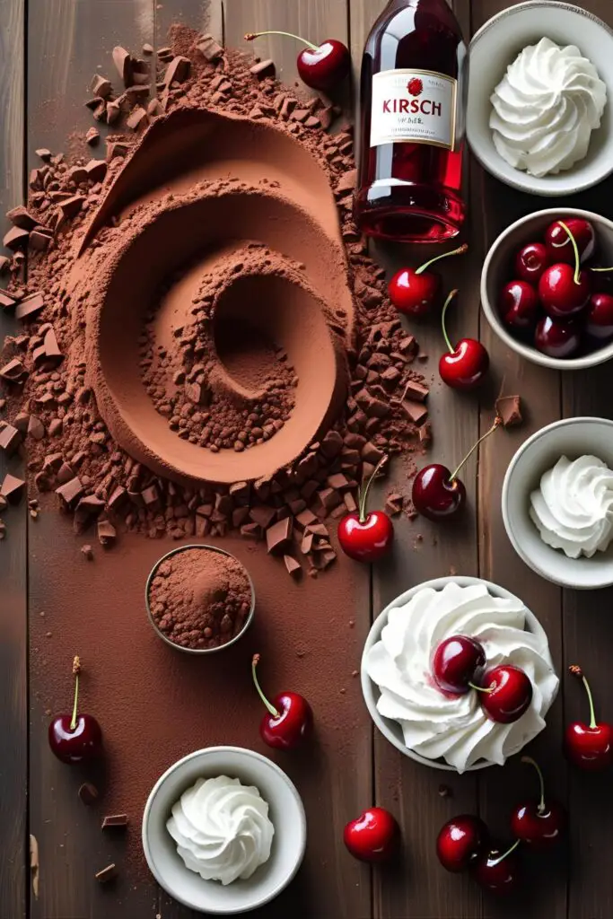 Decorated black forest cake with whipped cream rosettes and fresh cherries