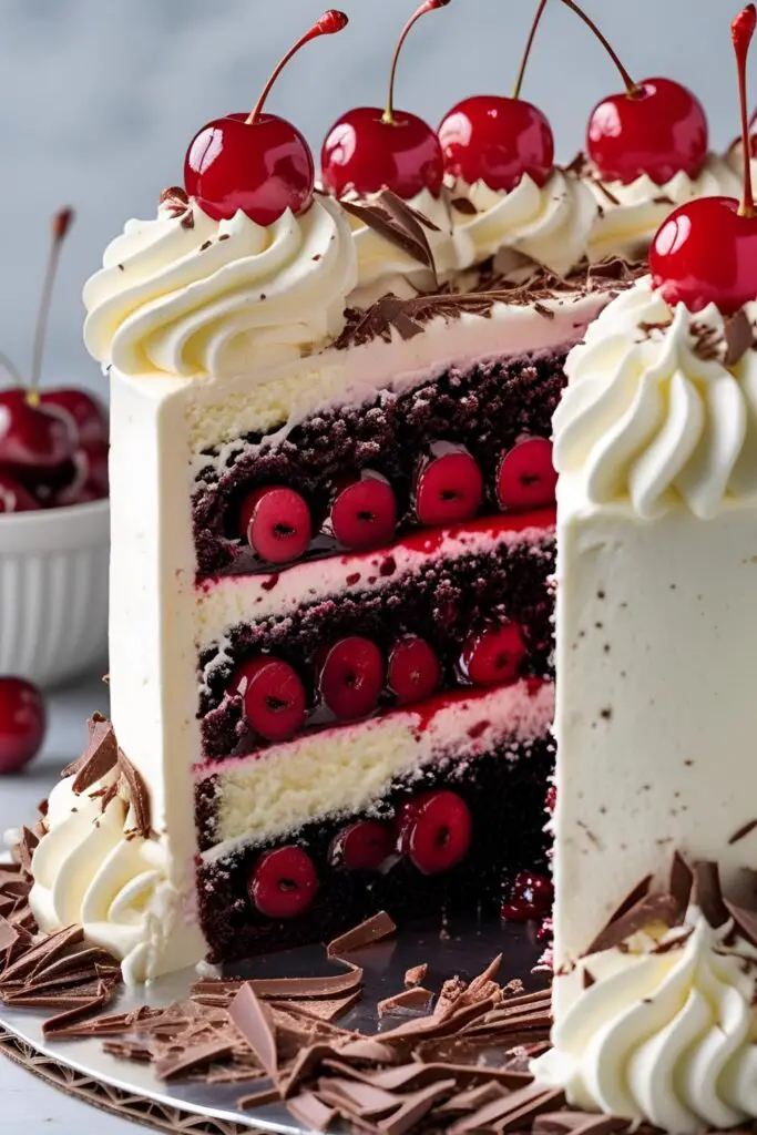  Slice of black forest cake on plate showing cherry filling and chocolate shavings
