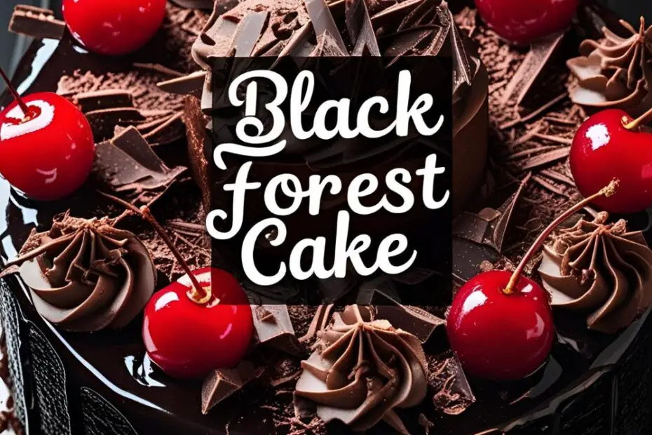 Rich black forest cake with cherries, chocolate shavings, and whipped cream topping