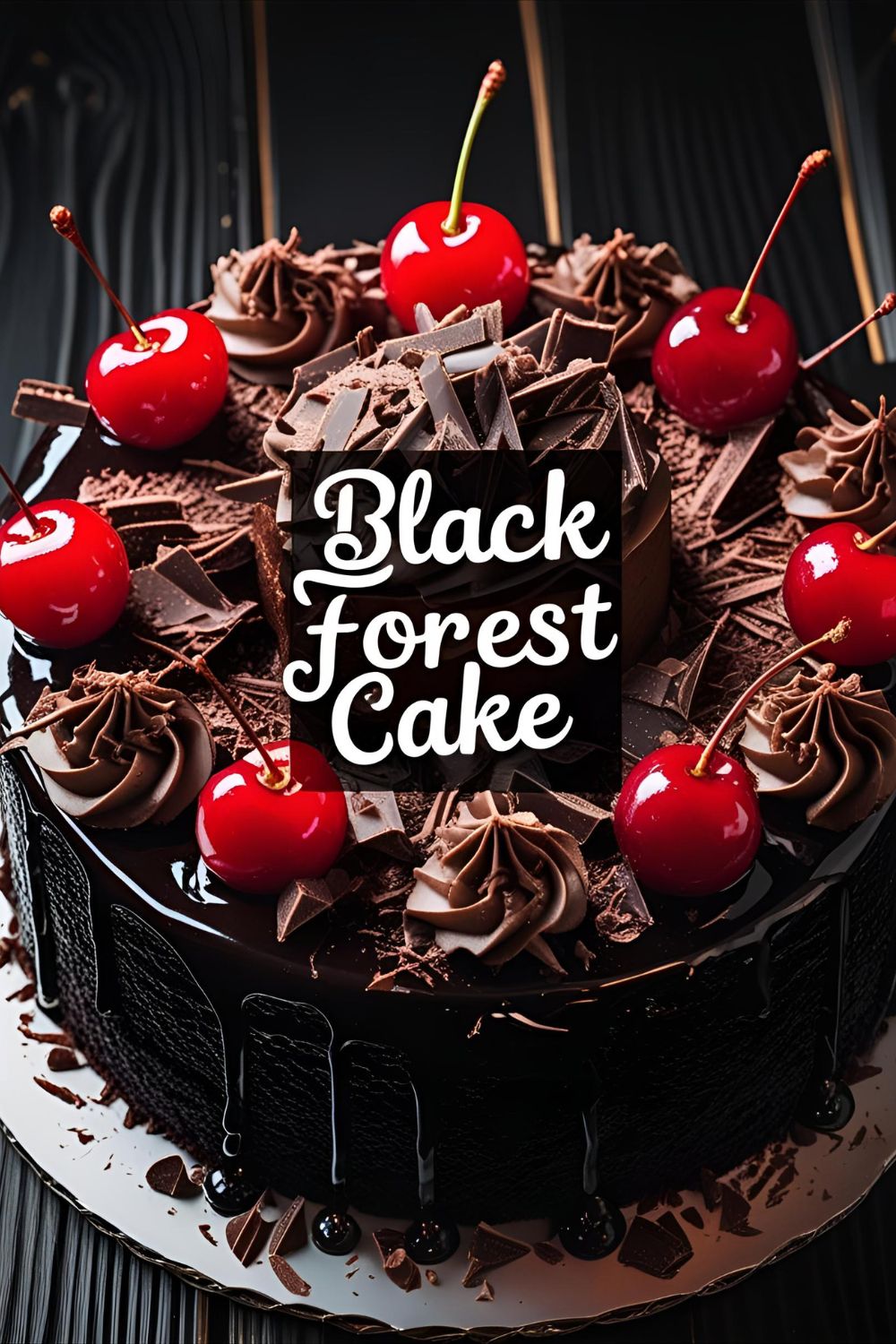 Rich black forest cake with cherries, chocolate shavings, and whipped cream topping