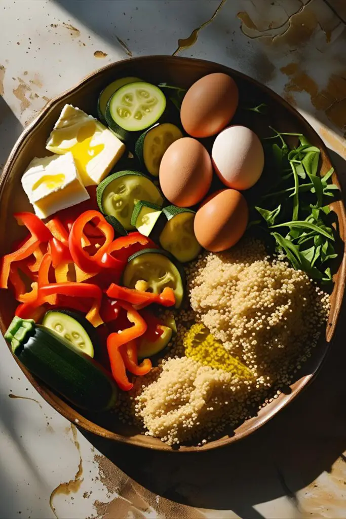Assorted egg muffins and veggie ingredients on table